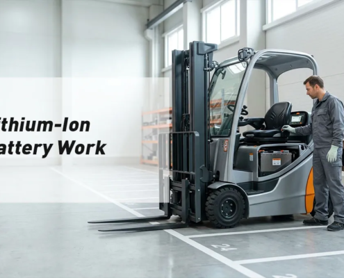 Technician inspecting an enclosed lithium-ion battery installed in an electric forklift.