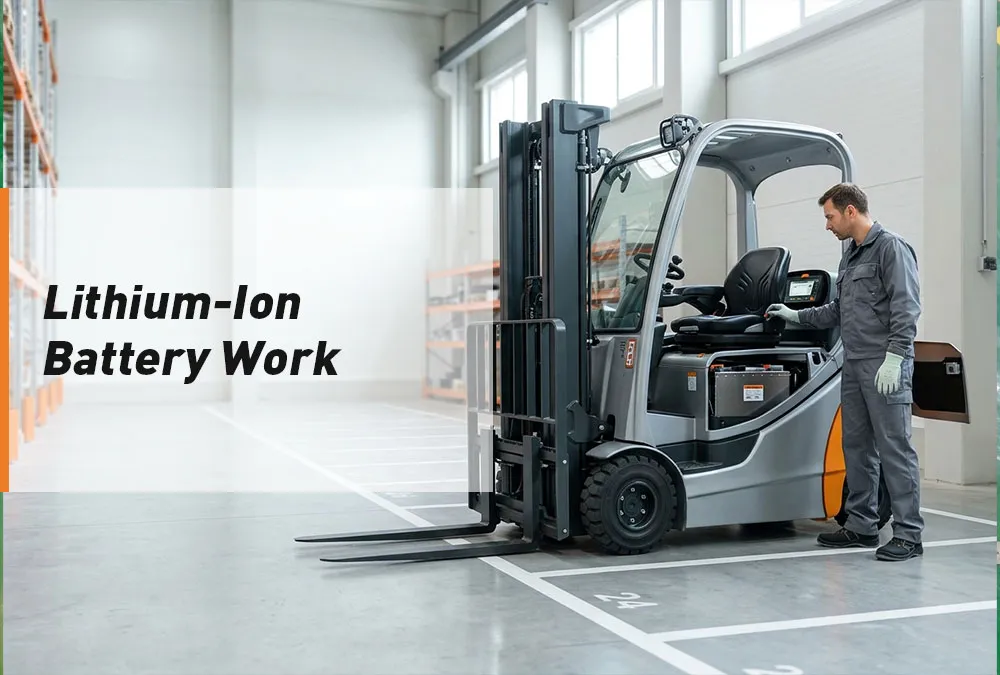 Technician inspecting an enclosed lithium-ion battery installed in an electric forklift.