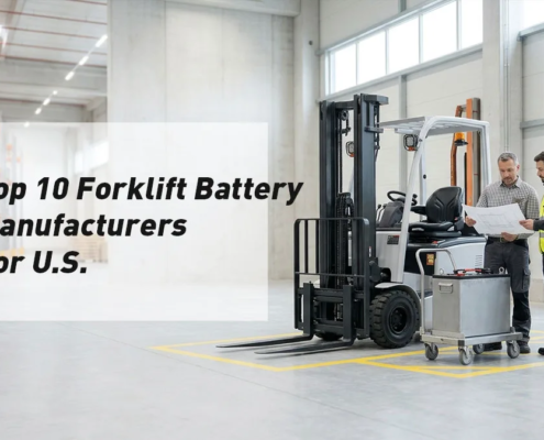 Fleet manager and battery engineer comparing forklift battery systems in a bright U.S. warehouse
