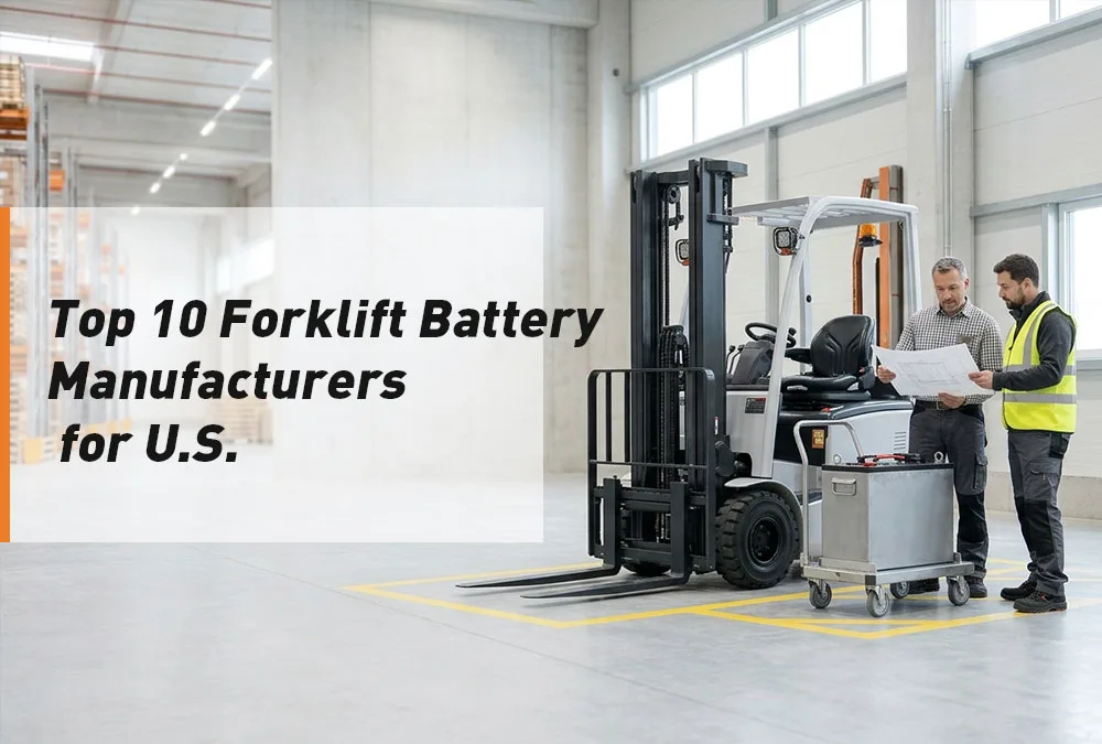 Fleet manager and battery engineer comparing forklift battery systems in a bright U.S. warehouse