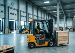 Electric forklift using a 48V forklift battery during a busy warehouse shift