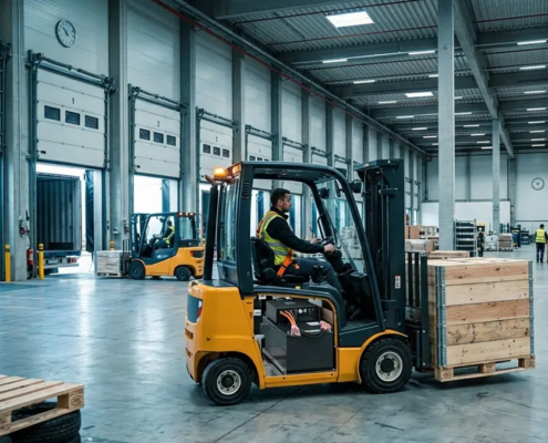 Electric forklift using a 48V forklift battery during a busy warehouse shift