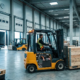 Electric forklift using a 48V forklift battery during a busy warehouse shift