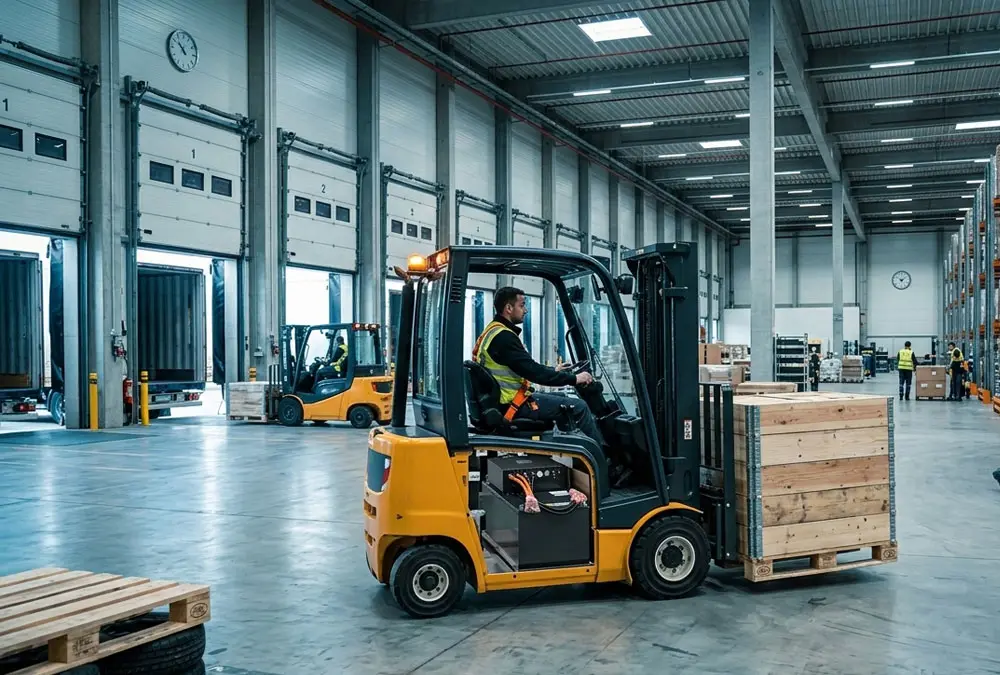 Electric forklift using a 48V forklift battery during a busy warehouse shift