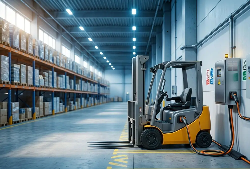 Electric forklift opportunity charging during a scheduled warehouse break