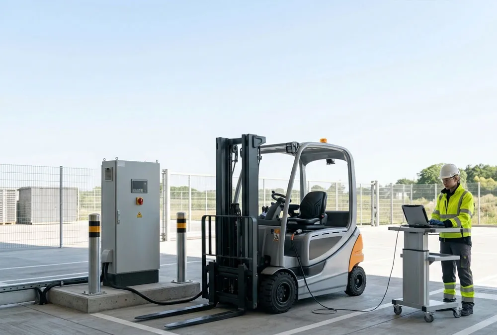 Technician commissioning a 48V LiFePO4 forklift battery and charger at a sunny industrial depot