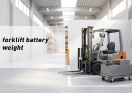 Electric forklift beside a heavy traction battery in a bright warehouse service bay