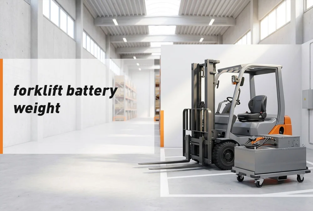 Electric forklift beside a heavy traction battery in a bright warehouse service bay