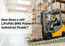 Electric forklift operating under load in a bright warehouse with a 48V LiFePO4 battery system