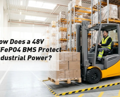 Electric forklift operating under load in a bright warehouse with a 48V LiFePO4 battery system