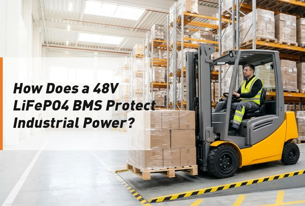 Electric forklift operating under load in a bright warehouse with a 48V LiFePO4 battery system