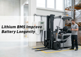 Electric forklift connected to an industrial lithium battery charger in a bright warehouse bay