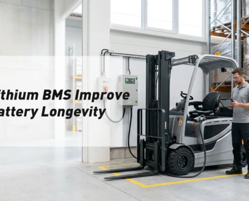 Electric forklift connected to an industrial lithium battery charger in a bright warehouse bay