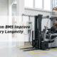 Electric forklift connected to an industrial lithium battery charger in a bright warehouse bay