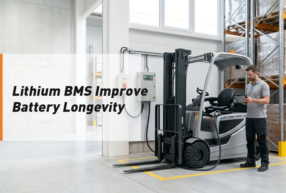 Electric forklift connected to an industrial lithium battery charger in a bright warehouse bay