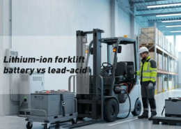 Engineer assessing a lead-acid forklift before lithium-ion battery conversion