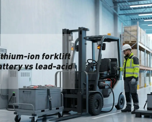 Engineer assessing a lead-acid forklift before lithium-ion battery conversion