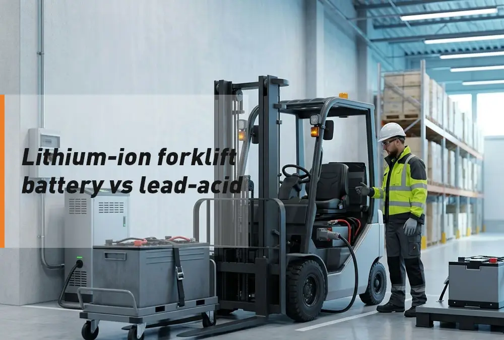 Engineer assessing a lead-acid forklift before lithium-ion battery conversion