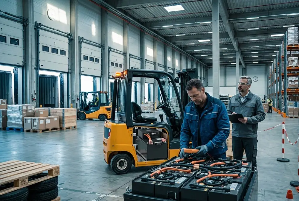 Warehouse technician inspecting a failed forklift battery during an active shift